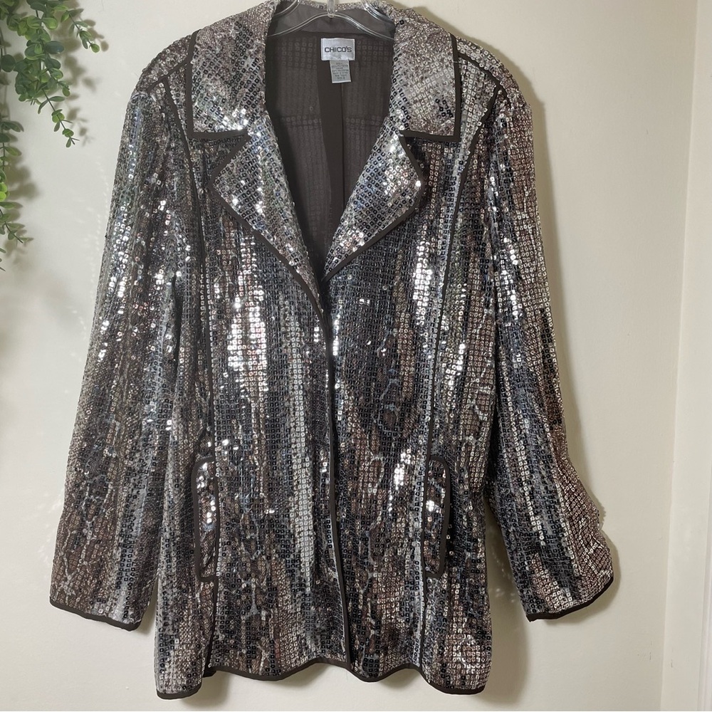 🪩CHICO'S | Brown Cheetah Print Sequin Embellished Long Sleeve Lined Blazer Sz 2